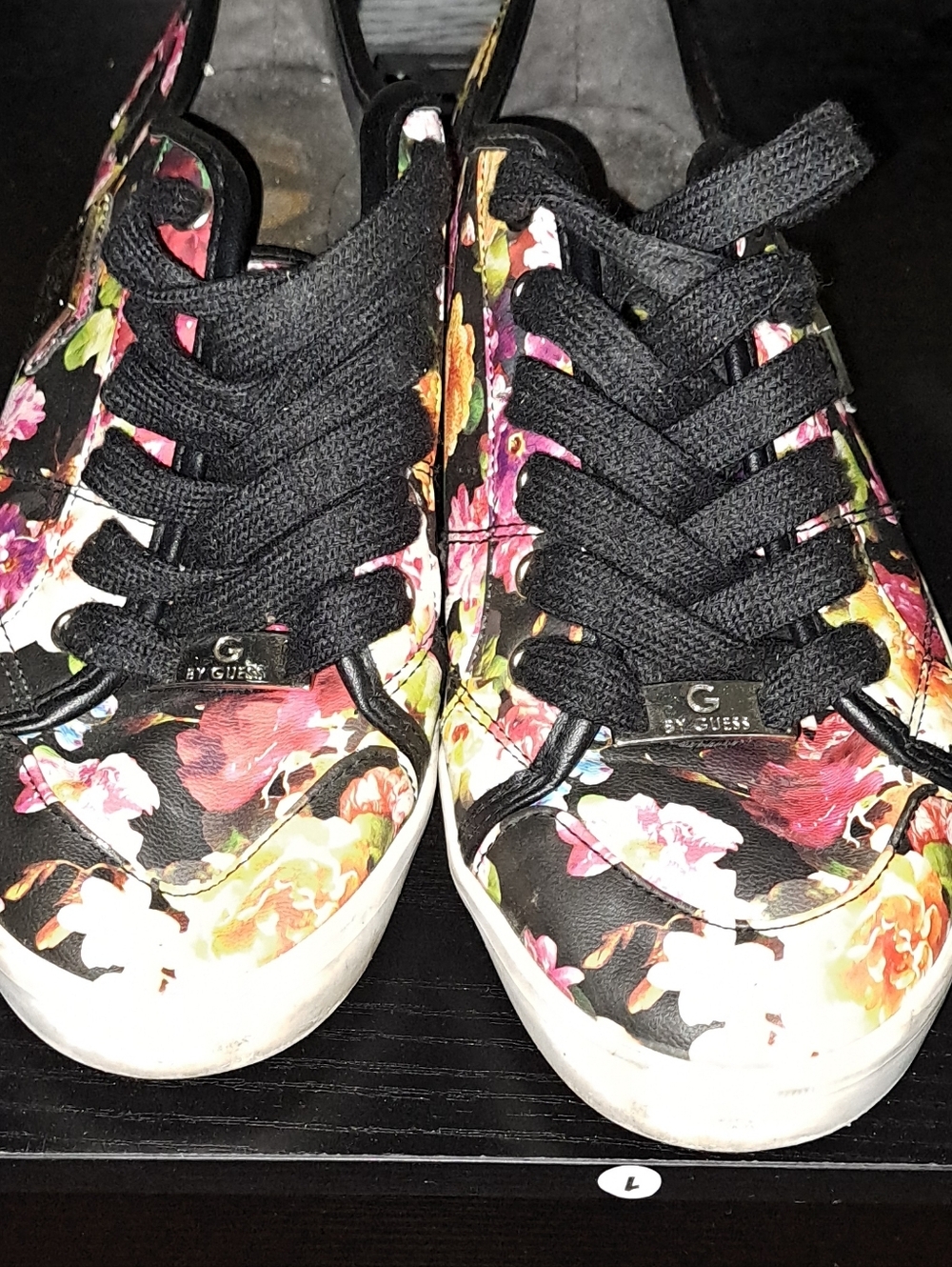 G by Guess Floral Low-Top Lace-Up Sneakers - Black with Pink & Yellow